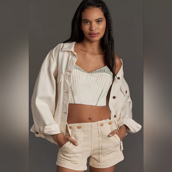 ๐๐ NWT Anthro Let Me Be Corset Crop Top White and Blue Trim Size XL - Picture 2 of 5